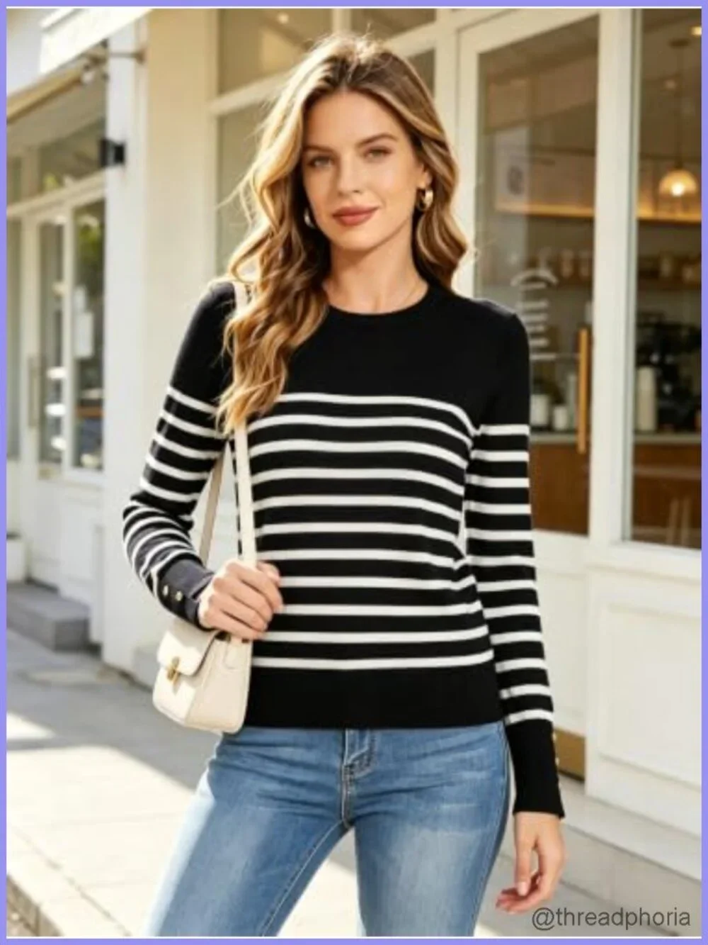 Women's Classic Crewneck Sweater with Buttoned Cuff - Lightweight Knit Pullover